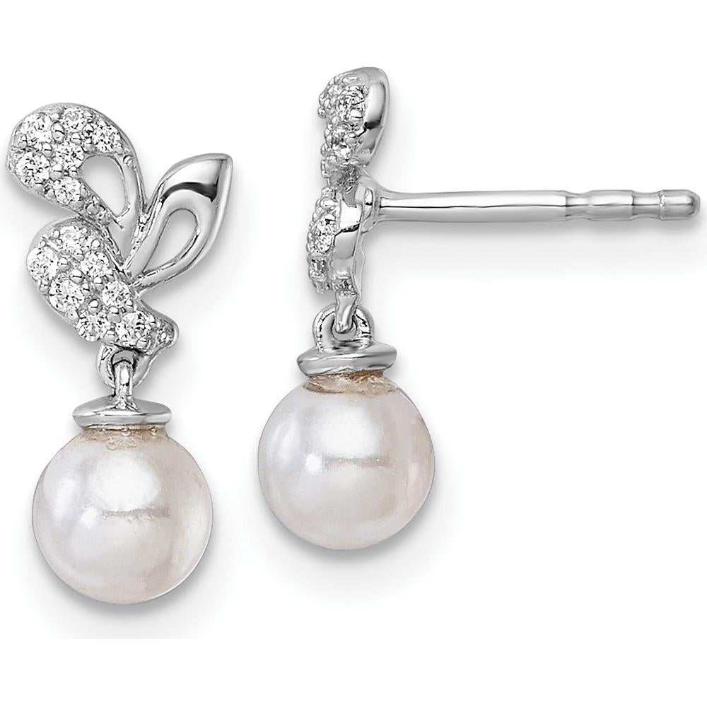 14K White Gold Polished 1/10 Carat Diamond and Freshwater Cultured Pearl Dangle Earrings by Monteluci Fine Jewelry