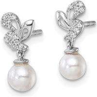14K White Gold Polished 1/10 Carat Diamond and Freshwater Cultured Pearl Dangle Earrings by Monteluci Fine Jewelry