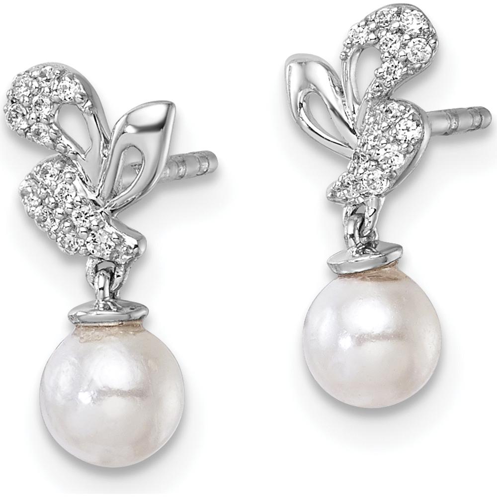 14K White Gold Polished 1/10 Carat Diamond and Freshwater Cultured Pearl Dangle Earrings by Monteluci Fine Jewelry