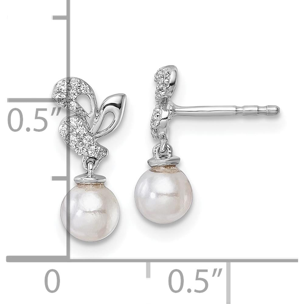 14K White Gold Polished 1/10 Carat Diamond and Freshwater Cultured Pearl Dangle Earrings by Monteluci Fine Jewelry