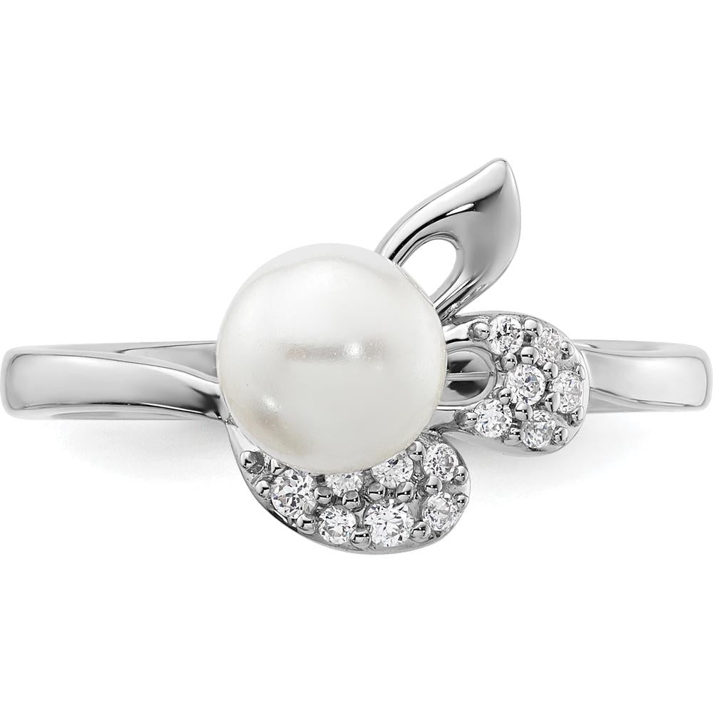 14K White Gold Polished 1/10 Carat Diamond and Freshwater Cultured Pearl Size 7 Ring by 0