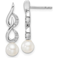 14K White Gold Polished 1/15 Carat Diamond and White Freshwater Cultured Pearl Drop Earrings by Monteluci Fine Jewelry