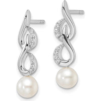 14K White Gold Polished 1/15 Carat Diamond and White Freshwater Cultured Pearl Drop Earrings by Monteluci Fine Jewelry