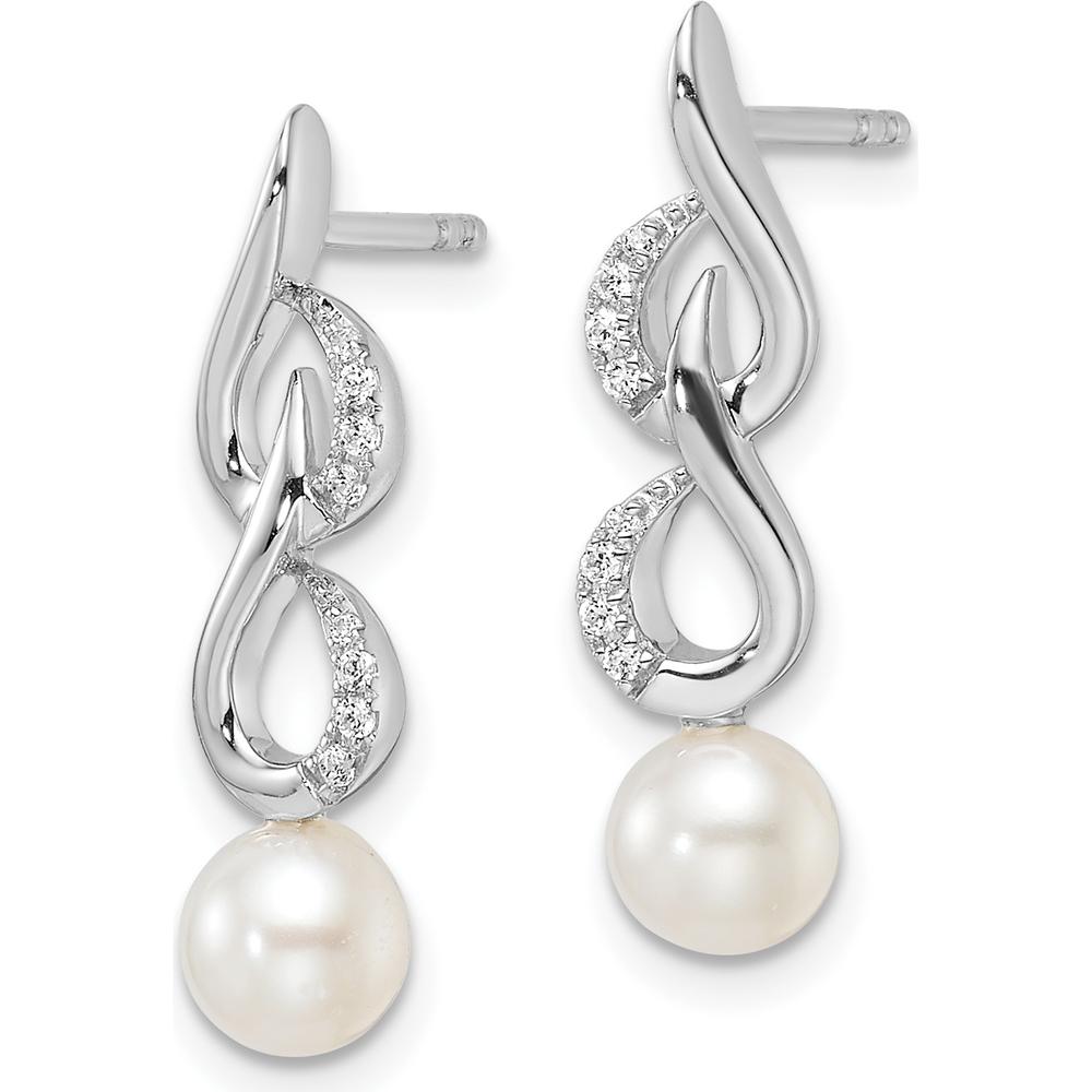 14K White Gold Polished 1/15 Carat Diamond and White Freshwater Cultured Pearl Drop Earrings by Monteluci Fine Jewelry