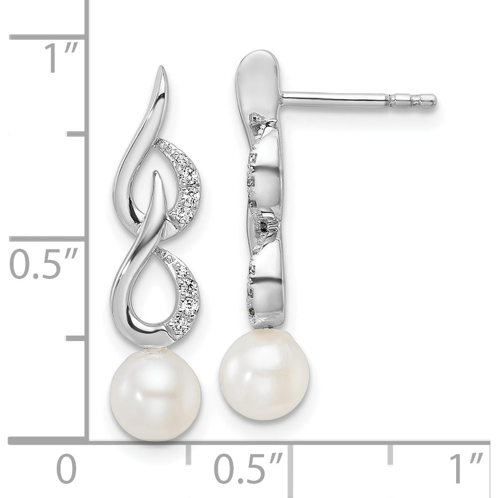 14K White Gold Polished 1/15 Carat Diamond and White Freshwater Cultured Pearl Drop Earrings by Monteluci Fine Jewelry