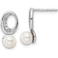 14K White Gold Polished 1/20 Carat Diamond and White Freshwater Cultured Pearl Drop Post Earrings - 1/10 Carats Total Diamond Weight by Monteluci Fine Jewelry