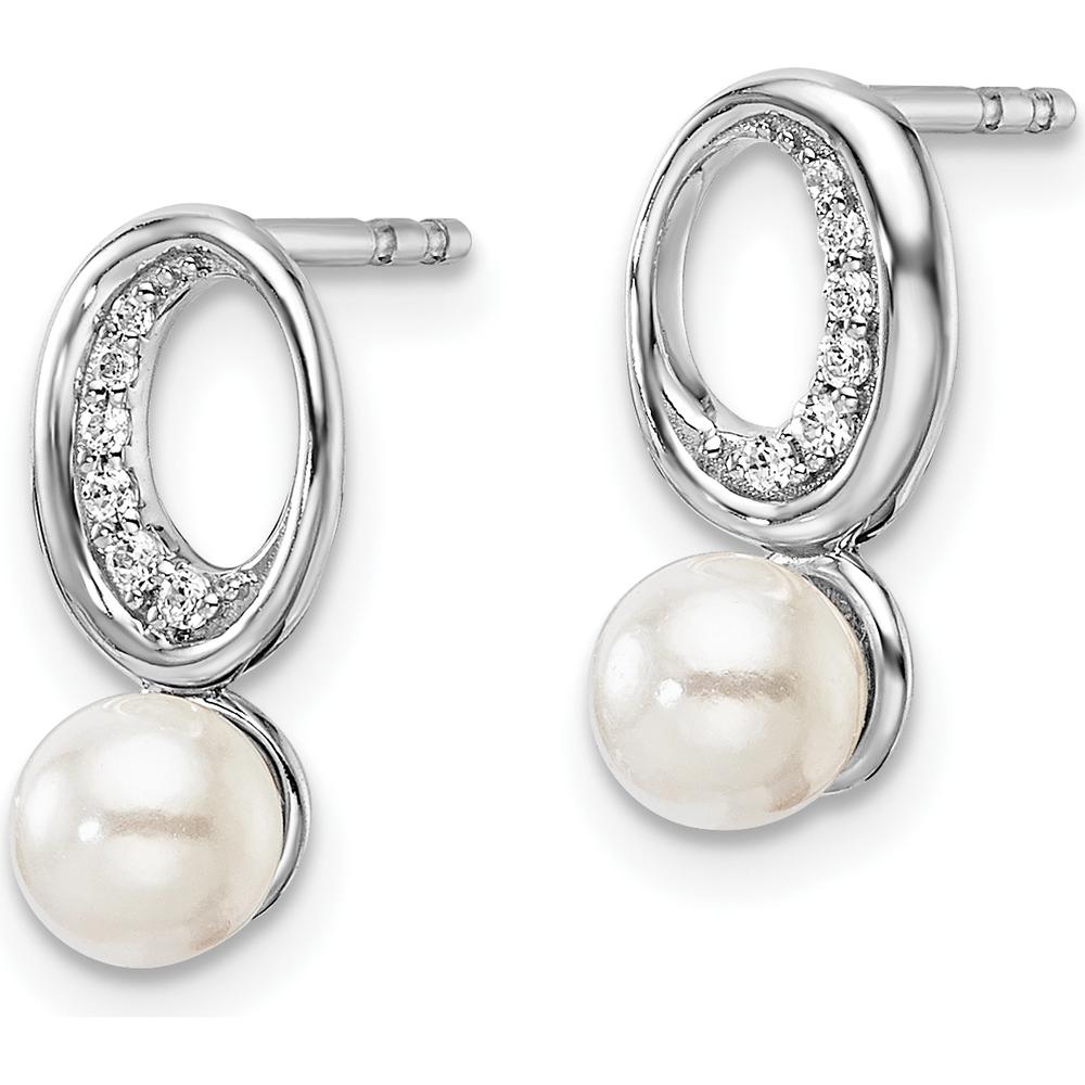 14K White Gold Polished 1/20 Carat Diamond and White Freshwater Cultured Pearl Drop Post Earrings - 1/10 Carats Total Diamond Weight by Monteluci Fine Jewelry