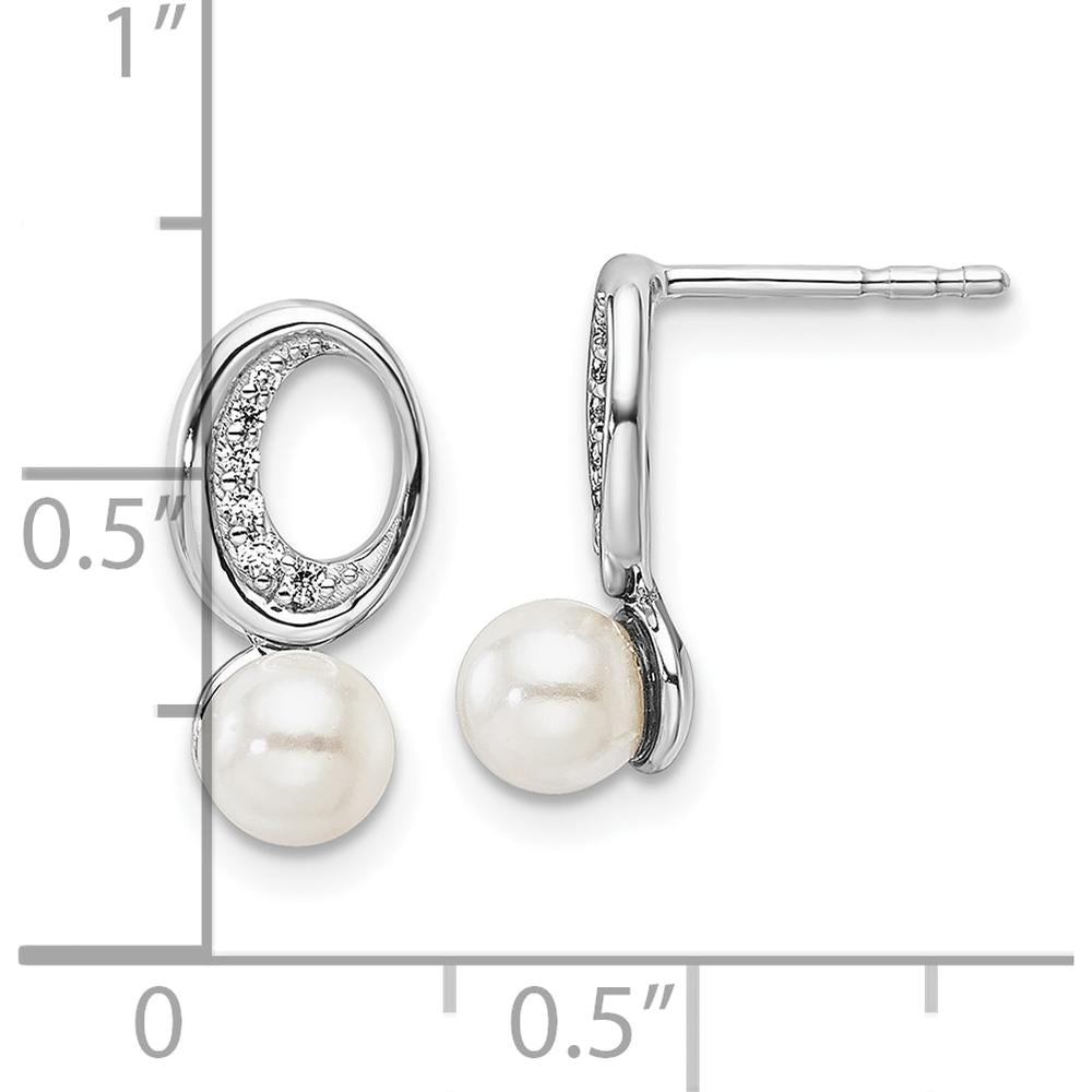 14K White Gold Polished 1/20 Carat Diamond and White Freshwater Cultured Pearl Drop Post Earrings - 1/10 Carats Total Diamond Weight by Monteluci Fine Jewelry