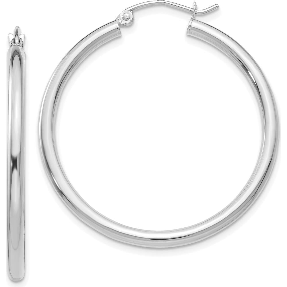 14K White Gold Polished 2.5mm Lightweight Tube Hoop Earrings - 35mm Length by 0