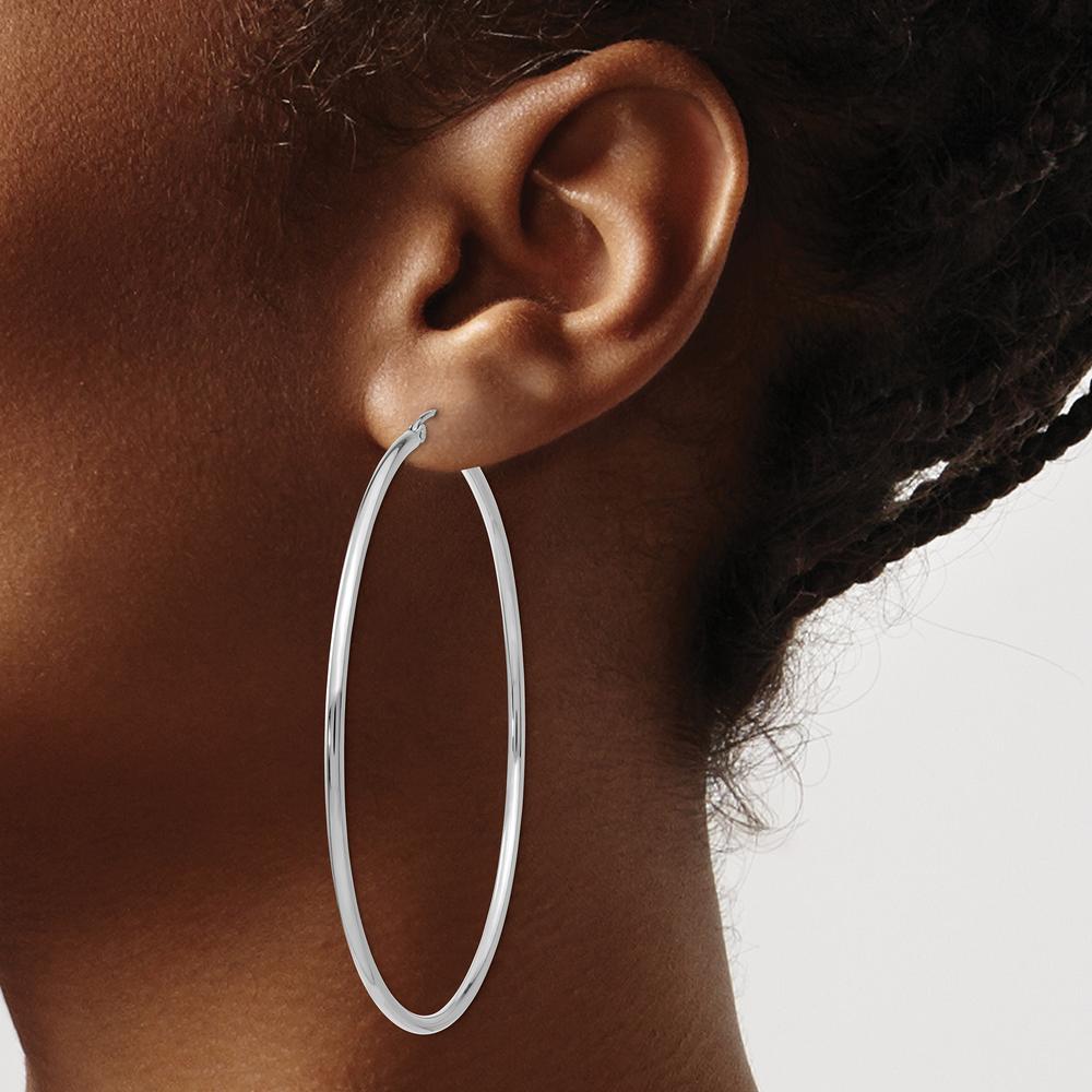14K White Gold Polished 2.5mm Tube Hoop Earrings - 65mm Length by 0