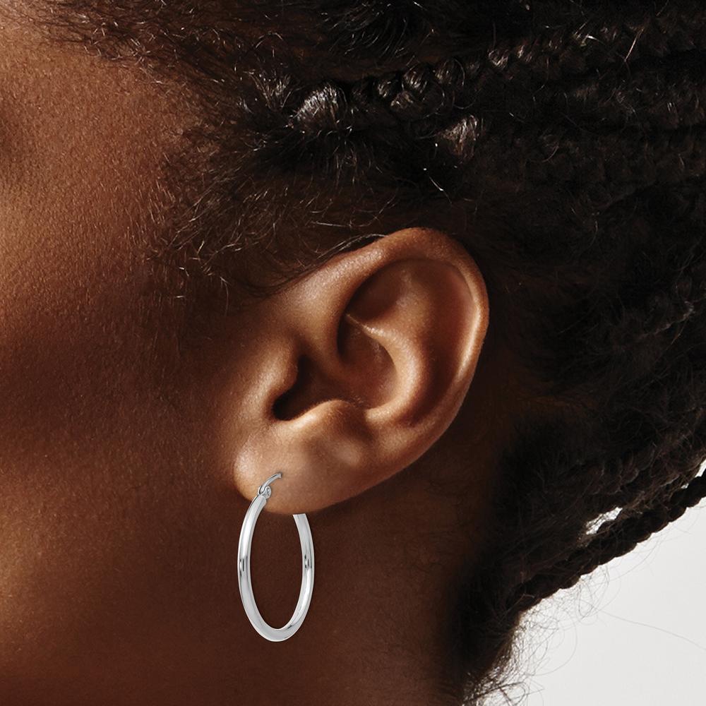 14K White Gold Polished 25mm Tube Hoop Earrings - Rhodium Plated Finish by 0