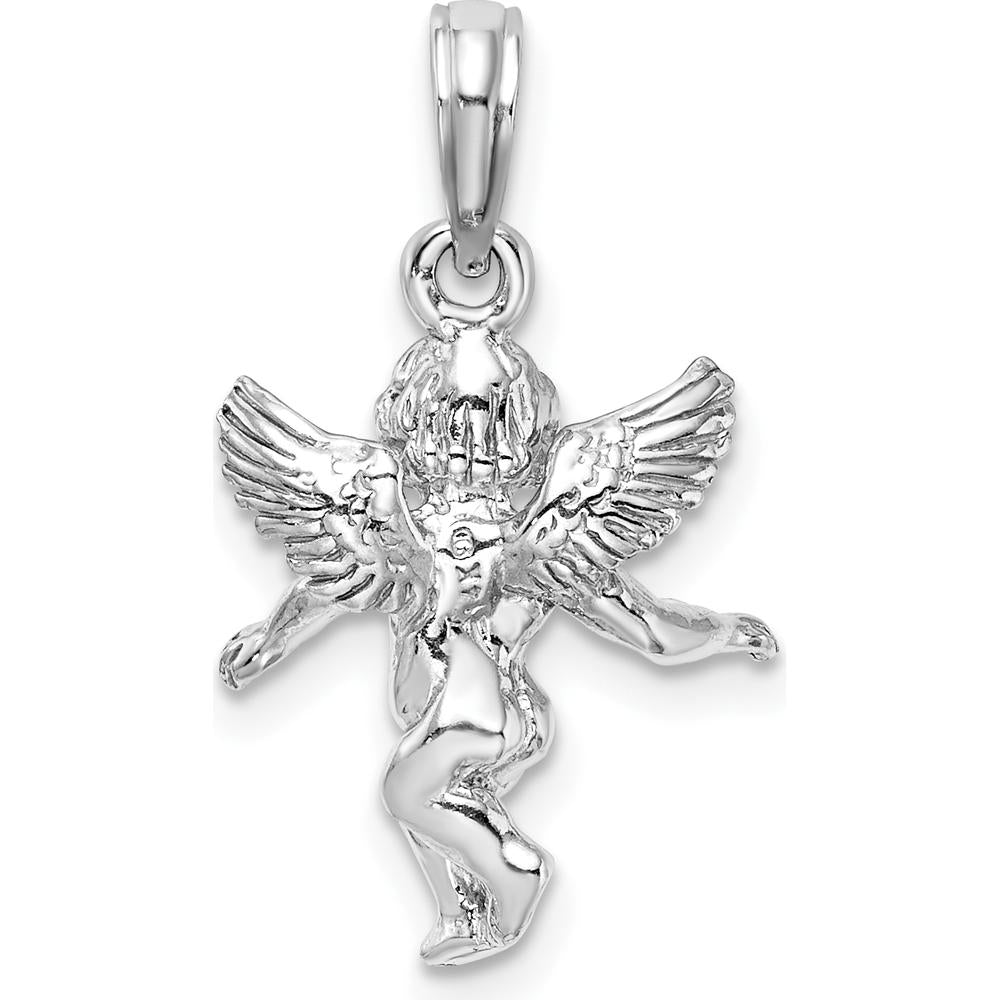 14K White Gold Polished 3D Angel Pendant with Rhodium Plating by Oro Pregiato