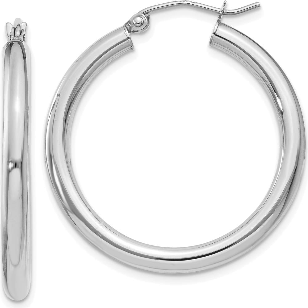 14K White Gold Polished 3mm Lightweight Tube Hoop Earrings - 30mm Length by 0