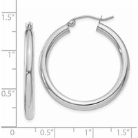 14K White Gold Polished 3mm Lightweight Tube Hoop Earrings - 30mm Length by 0