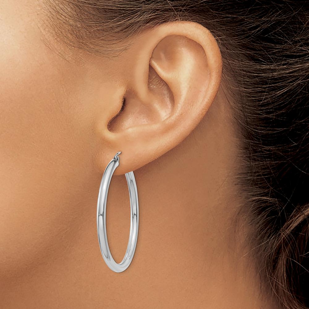 14K White Gold Polished 3mm Lightweight Tube Hoop Earrings - 40mm Length by 0