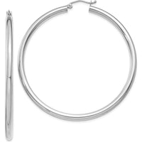 14K White Gold Polished 3mm Lightweight Tube Hoop Earrings - 55mm Length by 0