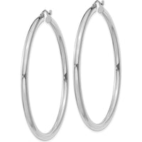 14K White Gold Polished 3mm Lightweight Tube Hoop Earrings - 55mm Length by 0