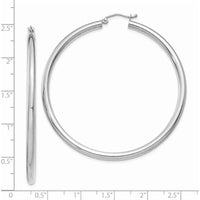 14K White Gold Polished 3mm Lightweight Tube Hoop Earrings - 55mm Length by 0