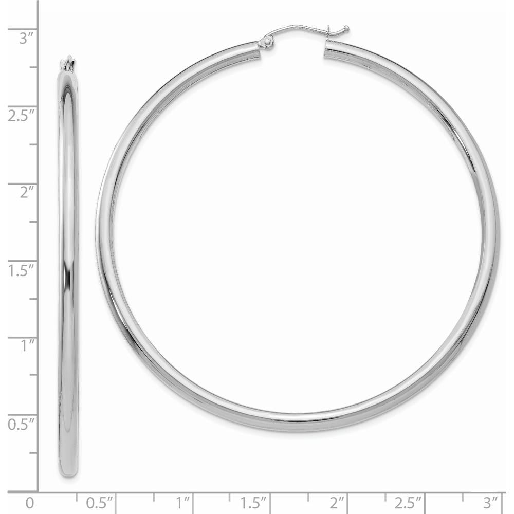 14K White Gold Polished 3mm Lightweight Tube Hoop Earrings - 65mm Length by 0