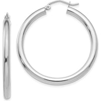 14K White Gold Polished 3mm Lightweight Tube Hoop Earrings - Rhodium Plated, 35mm Length by 0