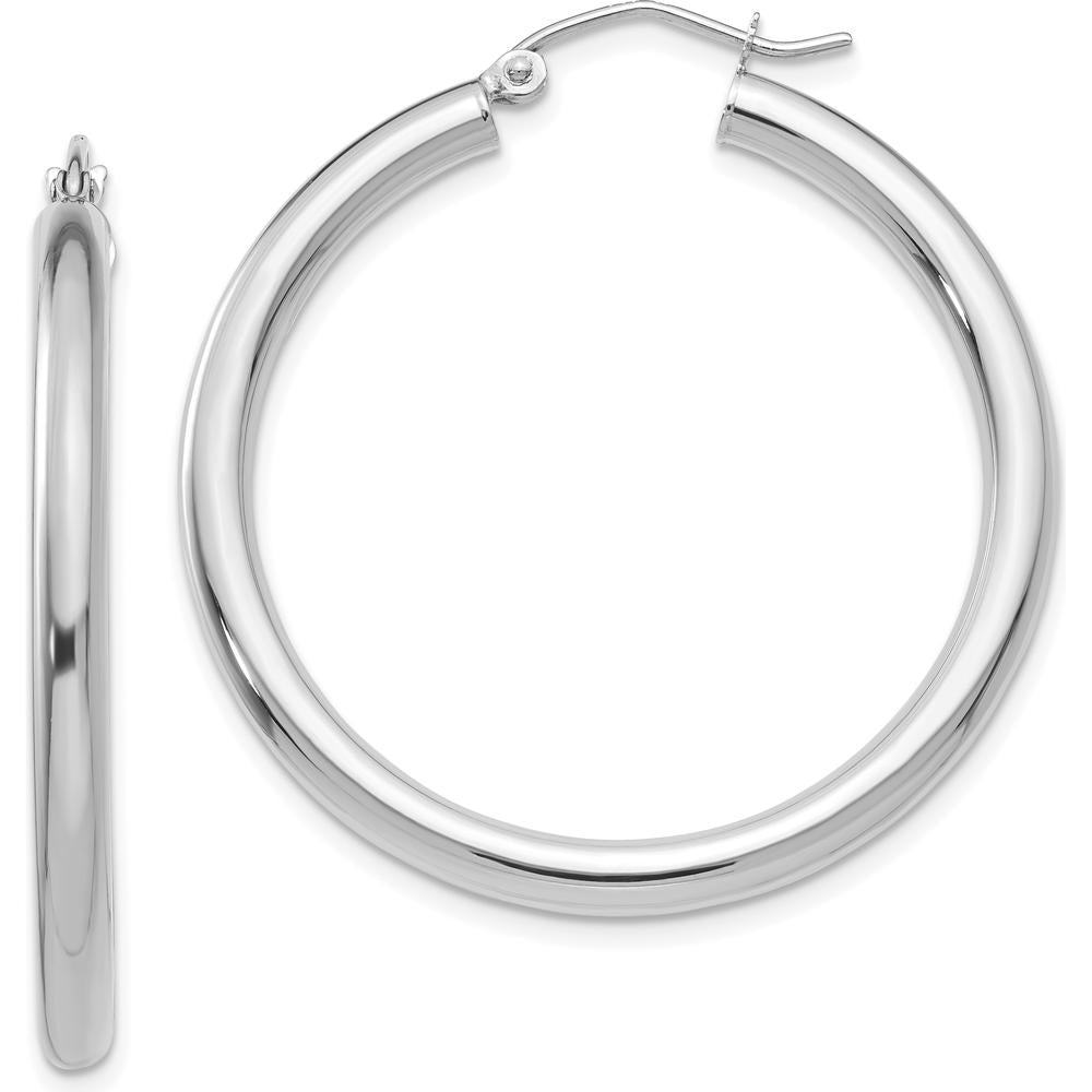 14K White Gold Polished 3mm Lightweight Tube Hoop Earrings - Rhodium Plated, 35mm Length by 0
