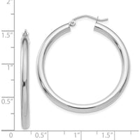 14K White Gold Polished 3mm Lightweight Tube Hoop Earrings - Rhodium Plated, 35mm Length by 0