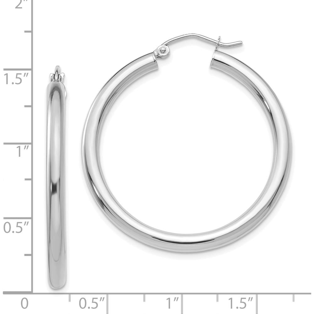14K White Gold Polished 3mm Lightweight Tube Hoop Earrings - Rhodium Plated, 35mm Length by 0