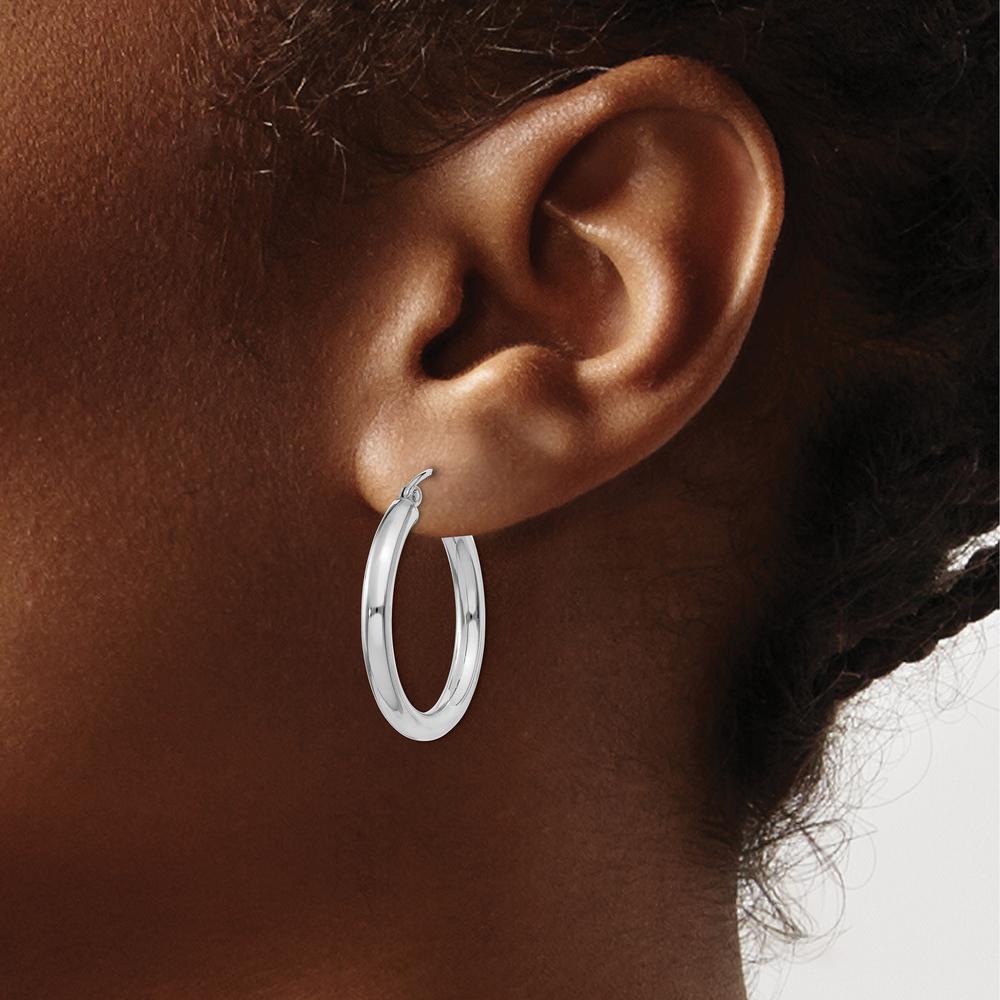 14K White Gold Polished 3mm Tube Hoop Earrings - 25mm Length by 0