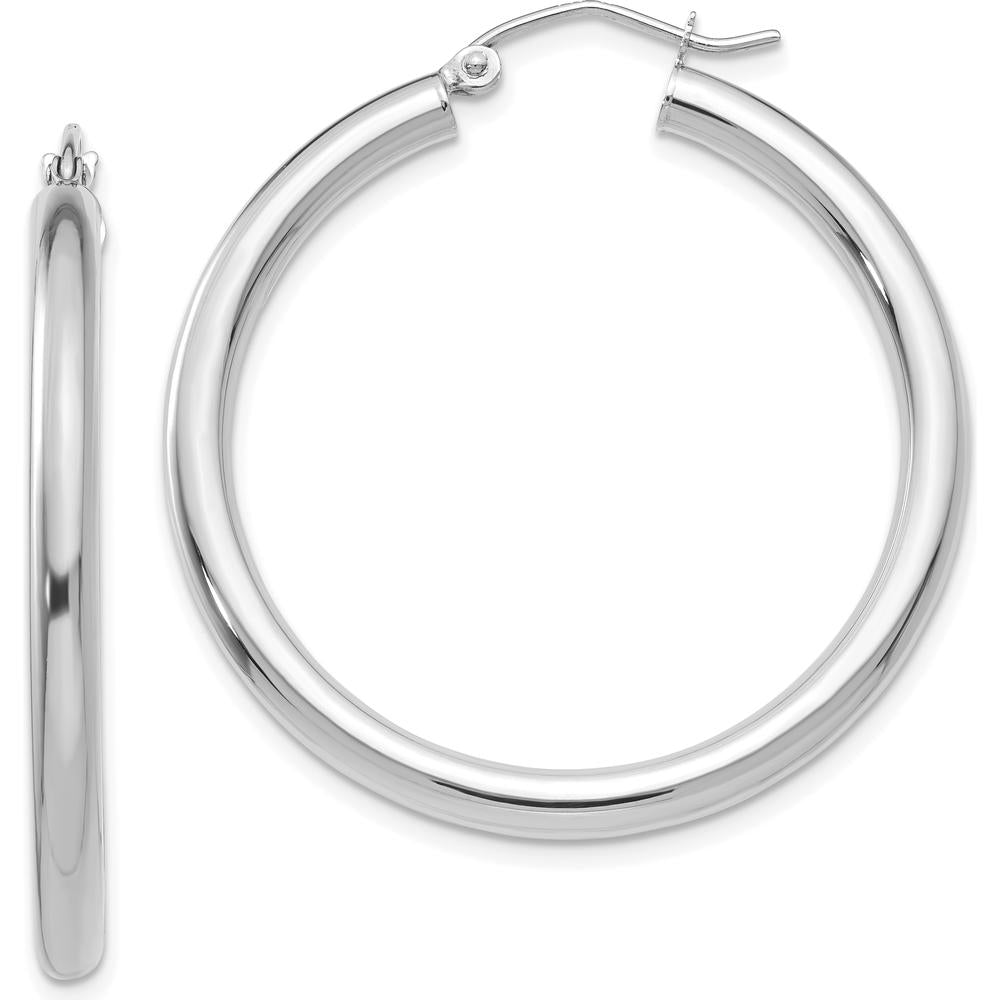 14K White Gold Polished 3mm Tube Hoop Earrings - 35mm Length by 0