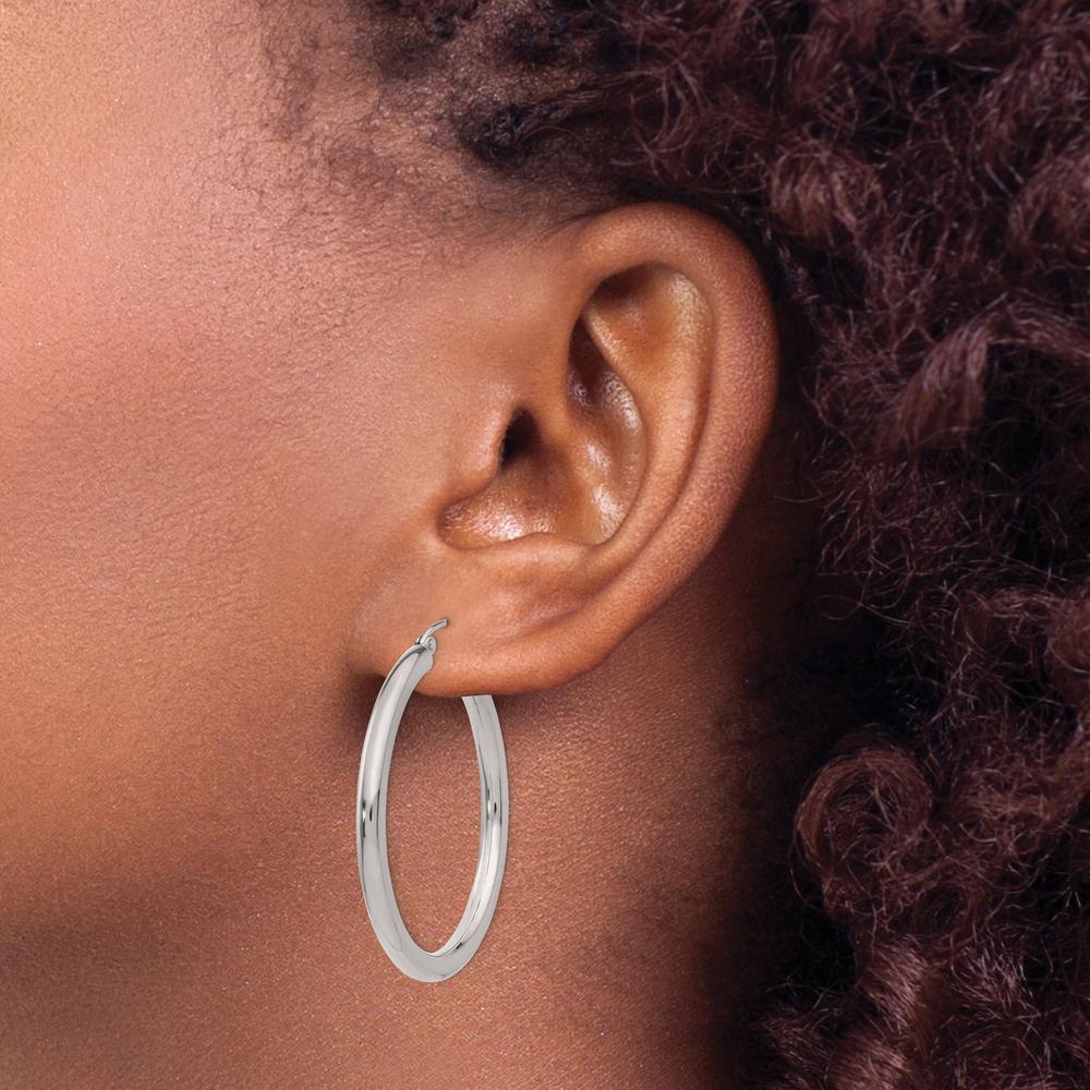 14K White Gold Polished 3mm Tube Hoop Earrings - 35mm Length by 0