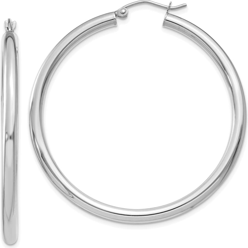 14K White Gold Polished 3mm Tube Hoop Earrings - 45mm Length by 0