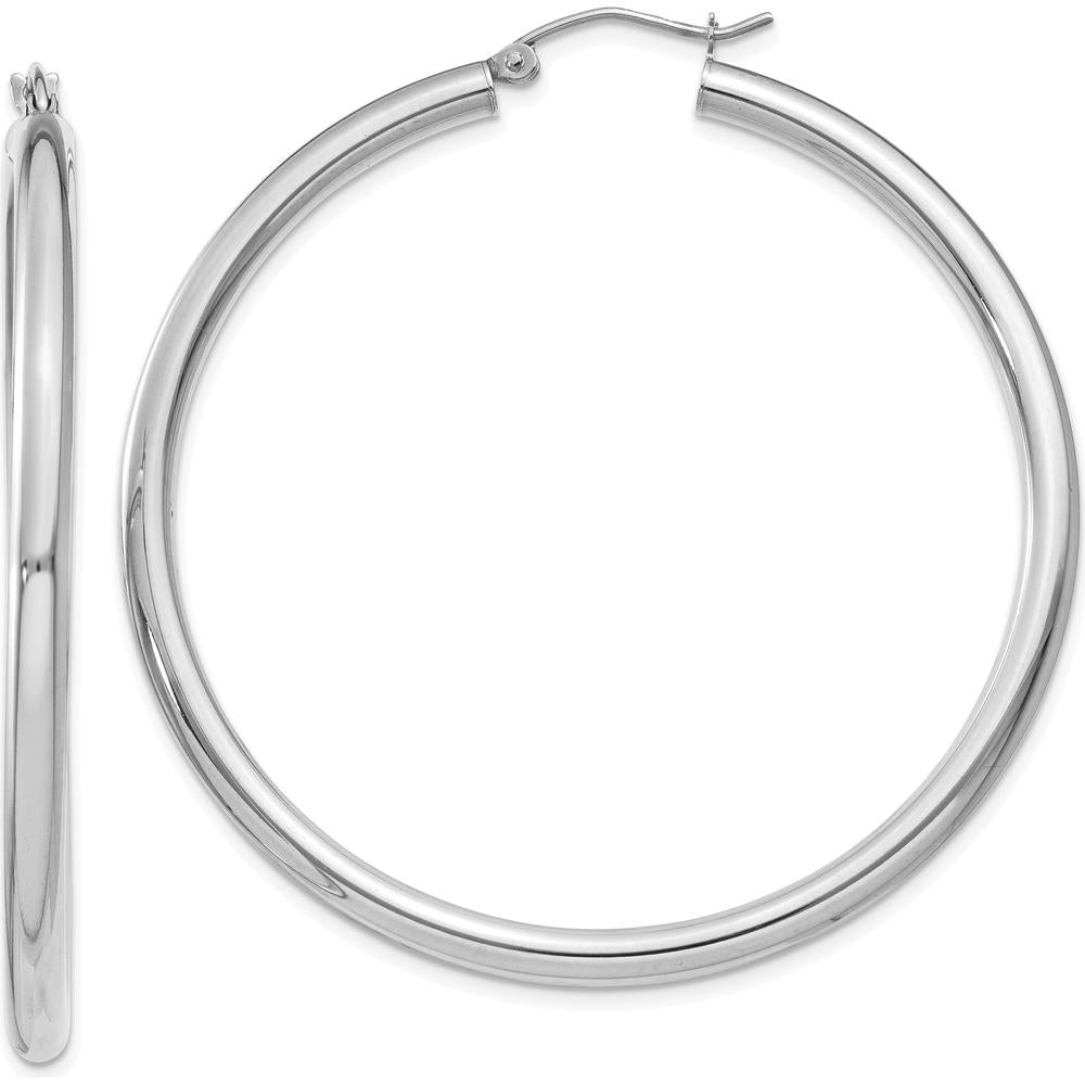 14K White Gold Polished 3mm Tube Hoop Earrings - 50mm Length by 0