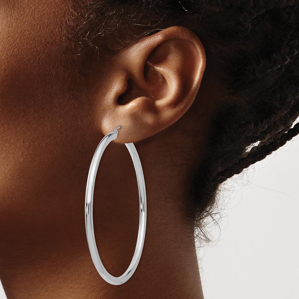 14K White Gold Polished 3mm Tube Hoop Earrings - 60mm Length by 0