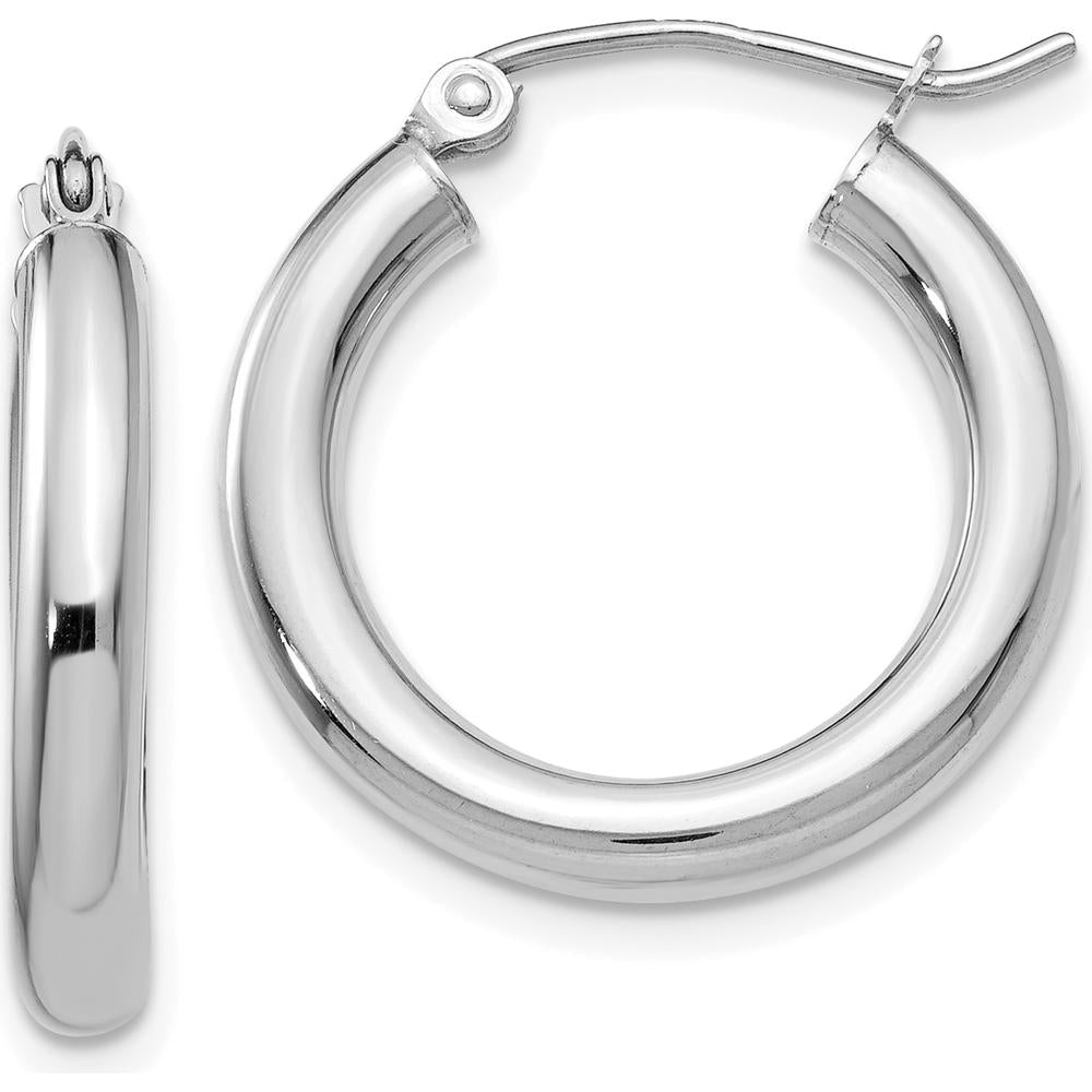 14K White Gold Polished 3mm Tube Hoop Earrings - Elegant and Timeless Design by 0