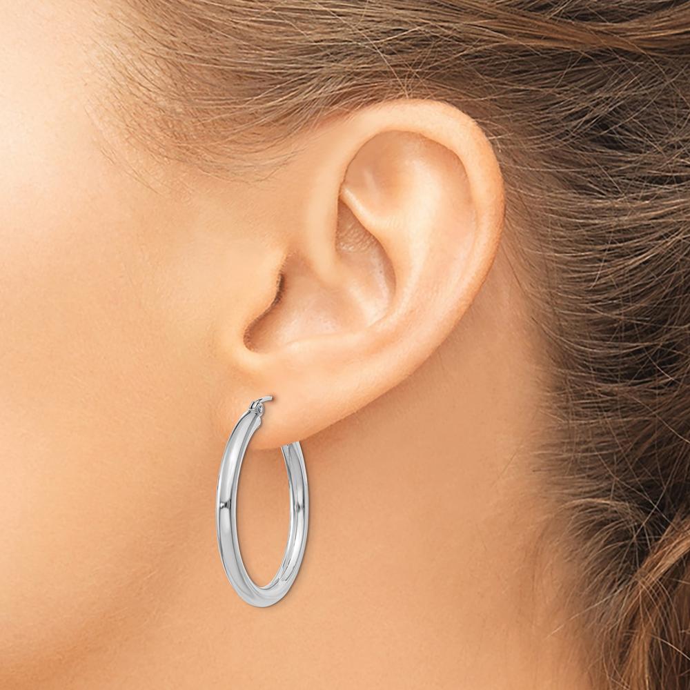 14K White Gold Polished 3mm Tube Hoop Earrings with Rhodium Plating by 0