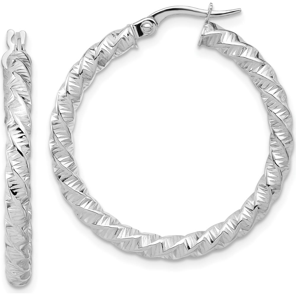 14K White Gold Polished 3mm Twisted Hoop Earrings - Rhodium Plated 31.5mm Length by 0