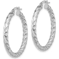 14K White Gold Polished 3mm Twisted Hoop Earrings - Rhodium Plated 31.5mm Length by 0
