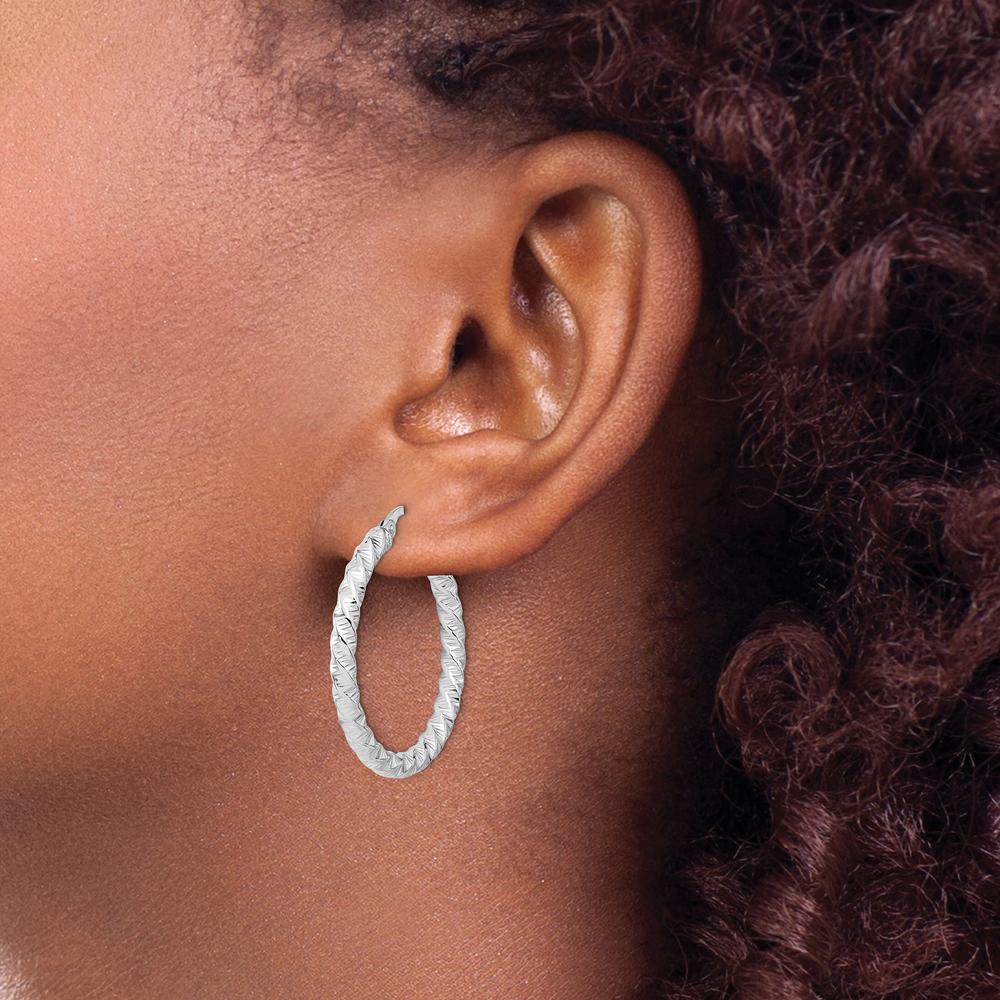 14K White Gold Polished 3mm Twisted Hoop Earrings - Rhodium Plated 31.5mm Length by 0