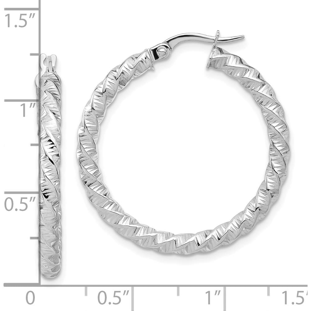 14K White Gold Polished 3mm Twisted Hoop Earrings - Rhodium Plated 31.5mm Length by 0