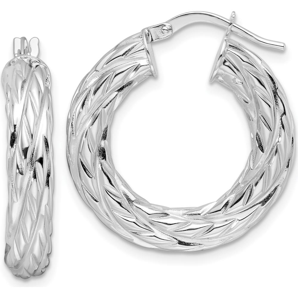 14K White Gold Polished 4.75mm Woven Texture Round Hoop Earrings - Rhodium Plated by 0