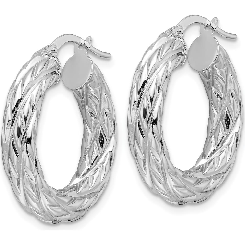 14K White Gold Polished 4.75mm Woven Texture Round Hoop Earrings - Rhodium Plated by 0