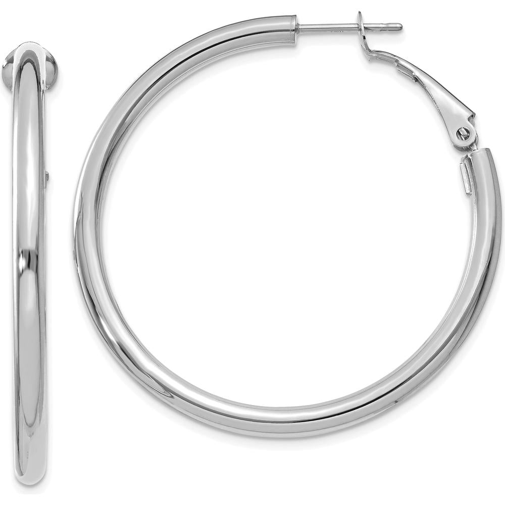 14K White Gold Polished 41mm Round Omega Back Hoop Earrings by Monteluci Fine Jewelry