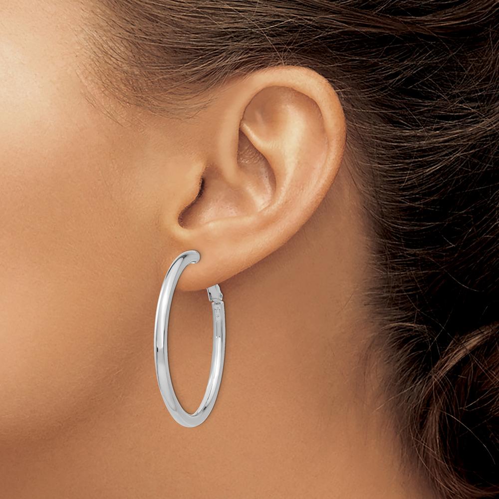 14K White Gold Polished 41mm Round Omega Back Hoop Earrings by Monteluci Fine Jewelry