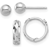 14K White Gold Polished 4mm Ball and Diamond-Cut Hinged Hoop Earring Set - Rhodium-Plated Finish by Oro Pregiato