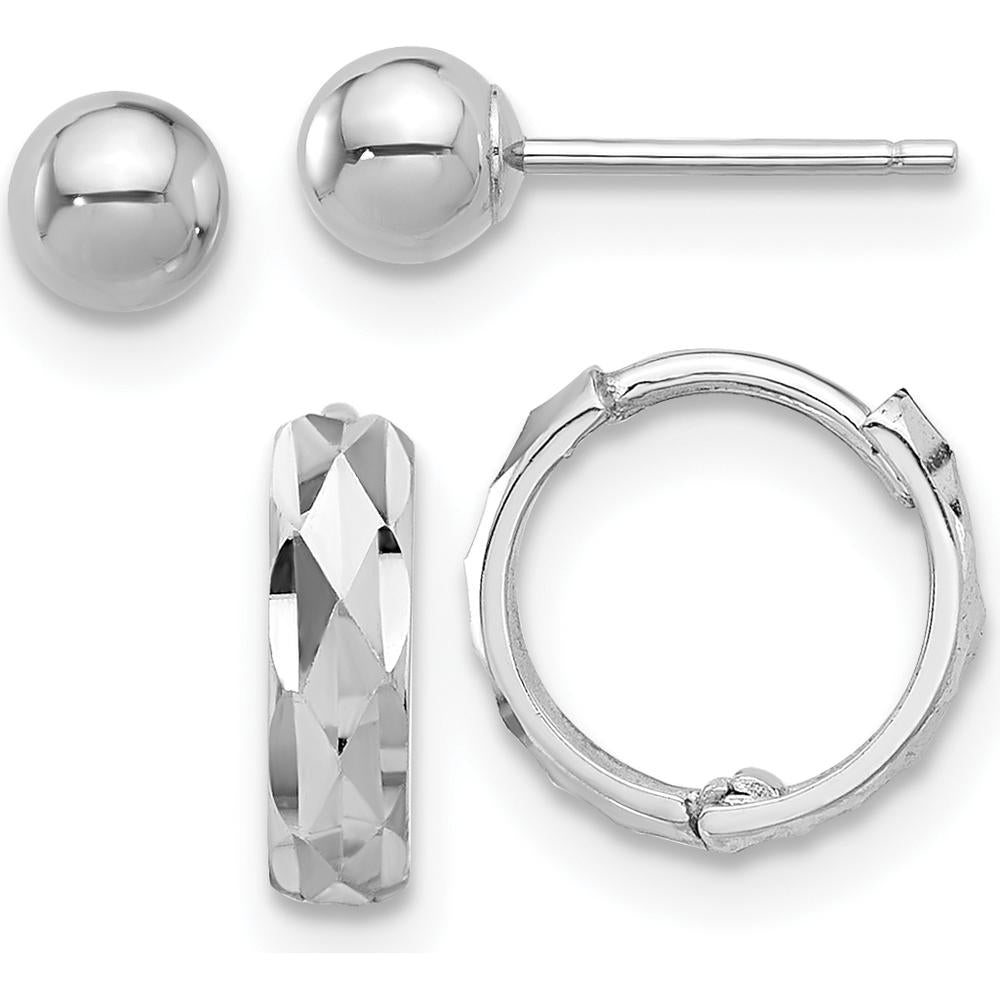 14K White Gold Polished 4mm Ball and Diamond-Cut Hinged Hoop Earring Set - Rhodium-Plated Finish by Oro Pregiato