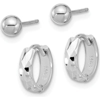 14K White Gold Polished 4mm Ball and Diamond-Cut Hinged Hoop Earring Set - Rhodium-Plated Finish by Oro Pregiato