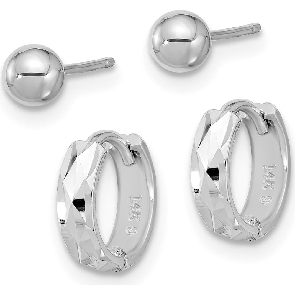 14K White Gold Polished 4mm Ball and Diamond-Cut Hinged Hoop Earring Set - Rhodium-Plated Finish by Oro Pregiato