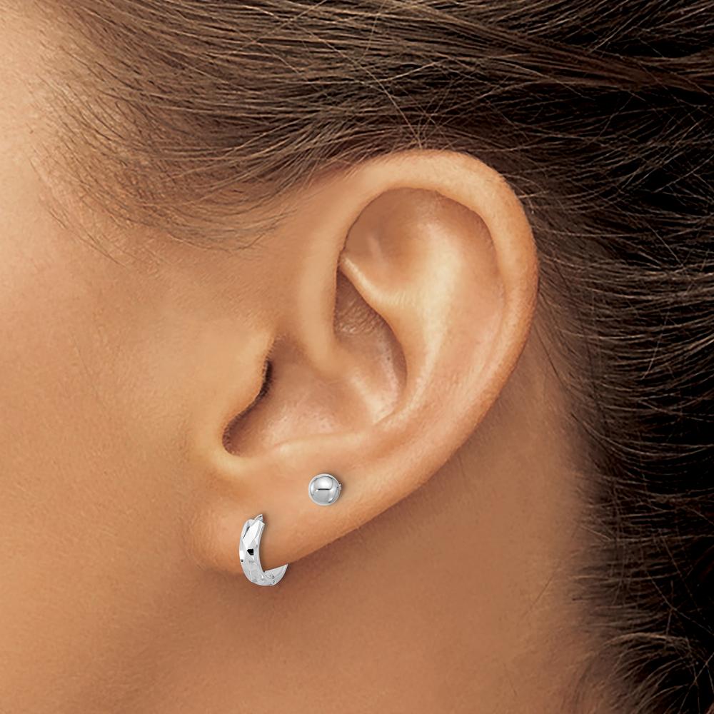 14K White Gold Polished 4mm Ball and Diamond-Cut Hinged Hoop Earring Set - Rhodium-Plated Finish by Oro Pregiato