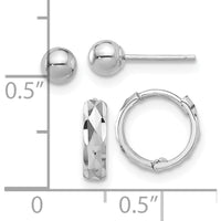 14K White Gold Polished 4mm Ball and Diamond-Cut Hinged Hoop Earring Set - Rhodium-Plated Finish by Oro Pregiato