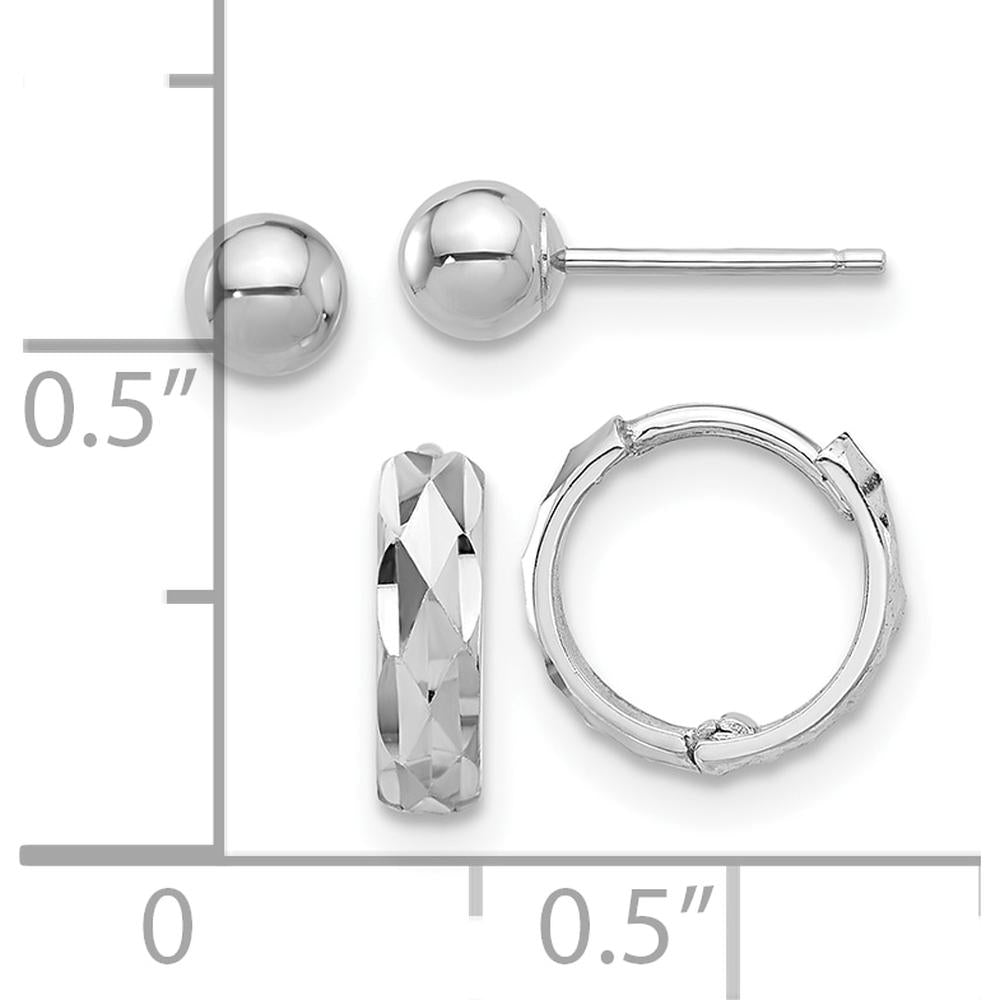 14K White Gold Polished 4mm Ball and Diamond-Cut Hinged Hoop Earring Set - Rhodium-Plated Finish by Oro Pregiato